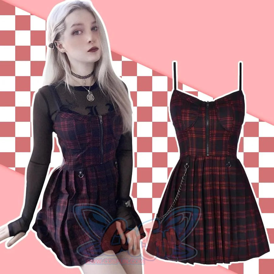 Gothic Grunge Spaghetti Strap Plaid Mini Dress mp005895 - cosfun Gothic Grunge Spaghetti Strap Plaid Mini Dress mp005895 - cosfun