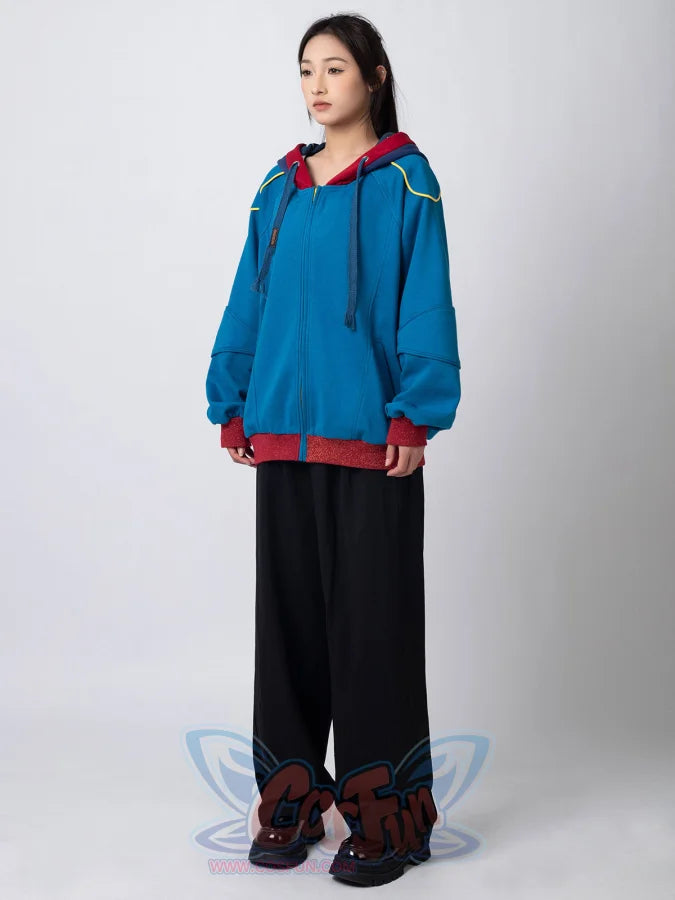 Full-body view of blue Homelander cosplay jacket with red trim, casual standing pose