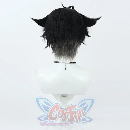 Genshin Impact Wriothesley cosplay wig traces a black-to-grey gradient in a detailed costume view.