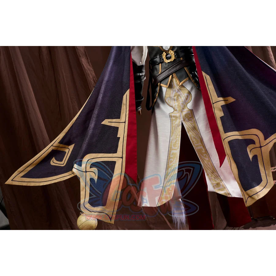 Honkai: Star Rail Jing Yuan cosplay mantle drops geometric sash tassels over grey trousers.