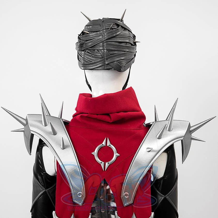 Invisible Woman Malice Cosplay costume details with black, silver accessories, and red design on a white background.