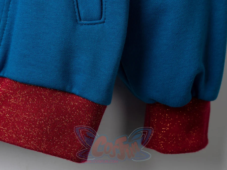 Close-up of Homelander cosplay jacket red ribbed cuff and sleeve bottom detail
