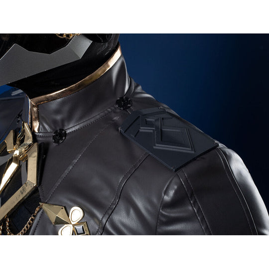 Genshin Impact Il Capitano cosplay collar section frames gold detail alongside sculpted black shoulder accent piece.