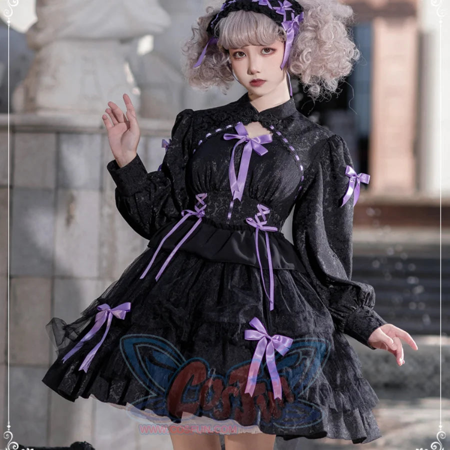 Autumn Multi-layer Lolita Long Sleeve Dress S22813 Black and Purple / S