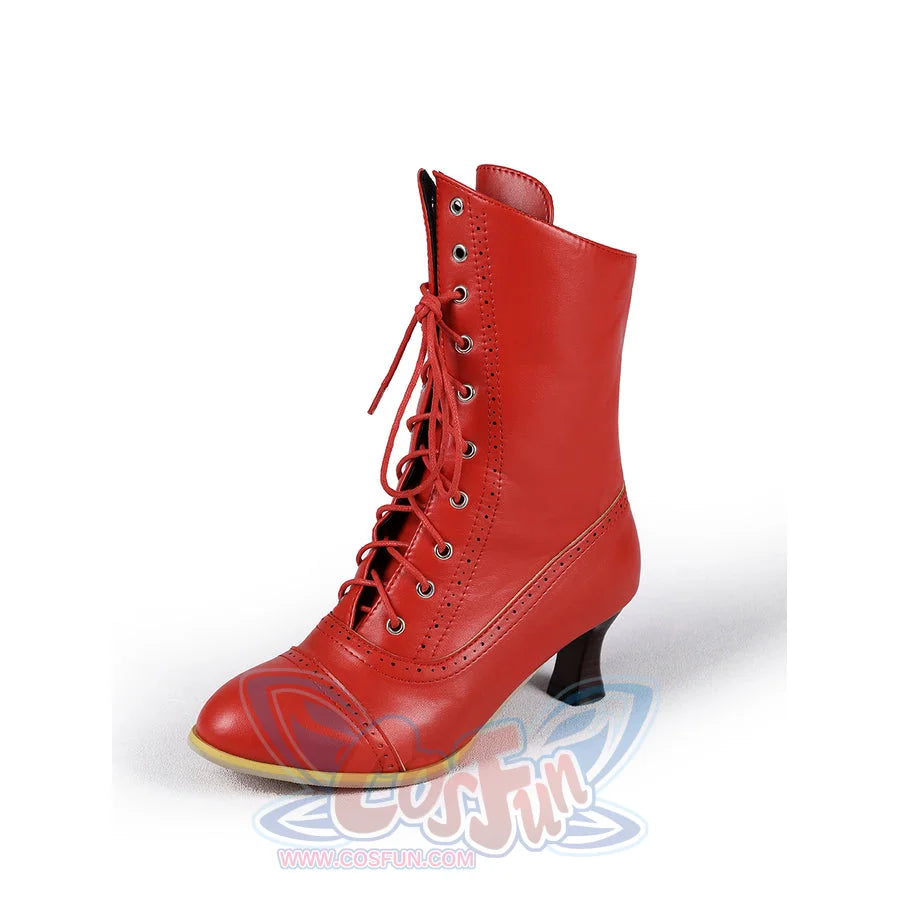 The Bride Ida Bolinski cosplay boots in red mid-calf cut balancing brogue detailing and a small black block heel.