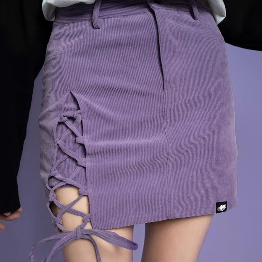 Corduroy Strap Slit A-Line Breech Skirt - cosfun