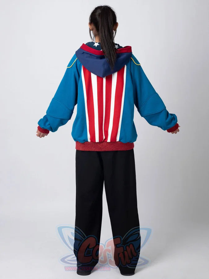 Back view of Homelander cosplay jacket with red and white vertical stripes, full-body pose