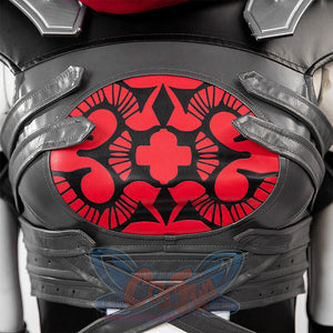 Invisible Woman Malice Cosplay costume details with black, silver accessories, and red design on a white background.