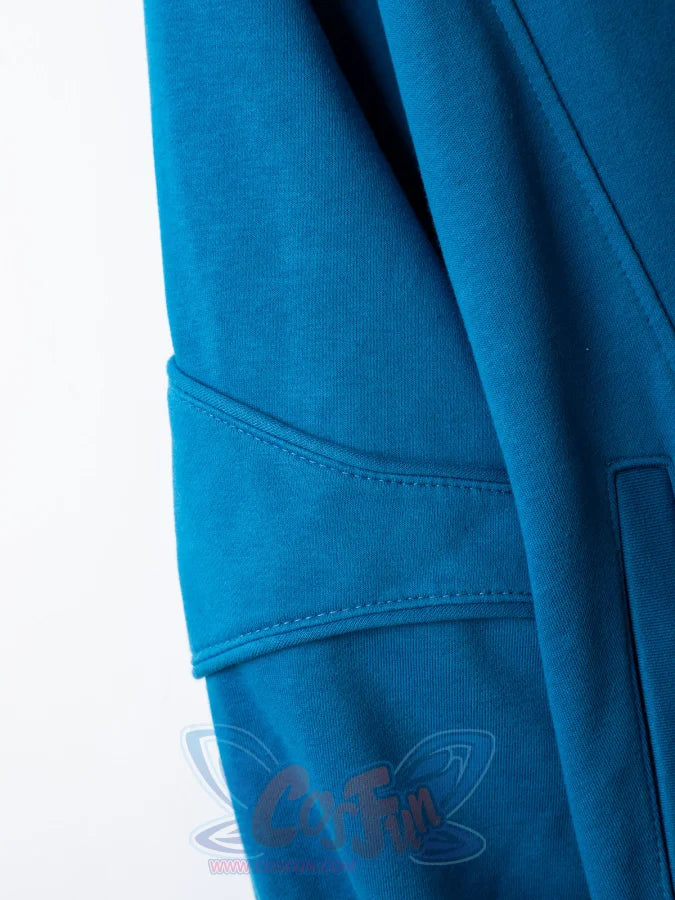 Close-up detail of blue Homelander cosplay jacket sleeve and pocket construction