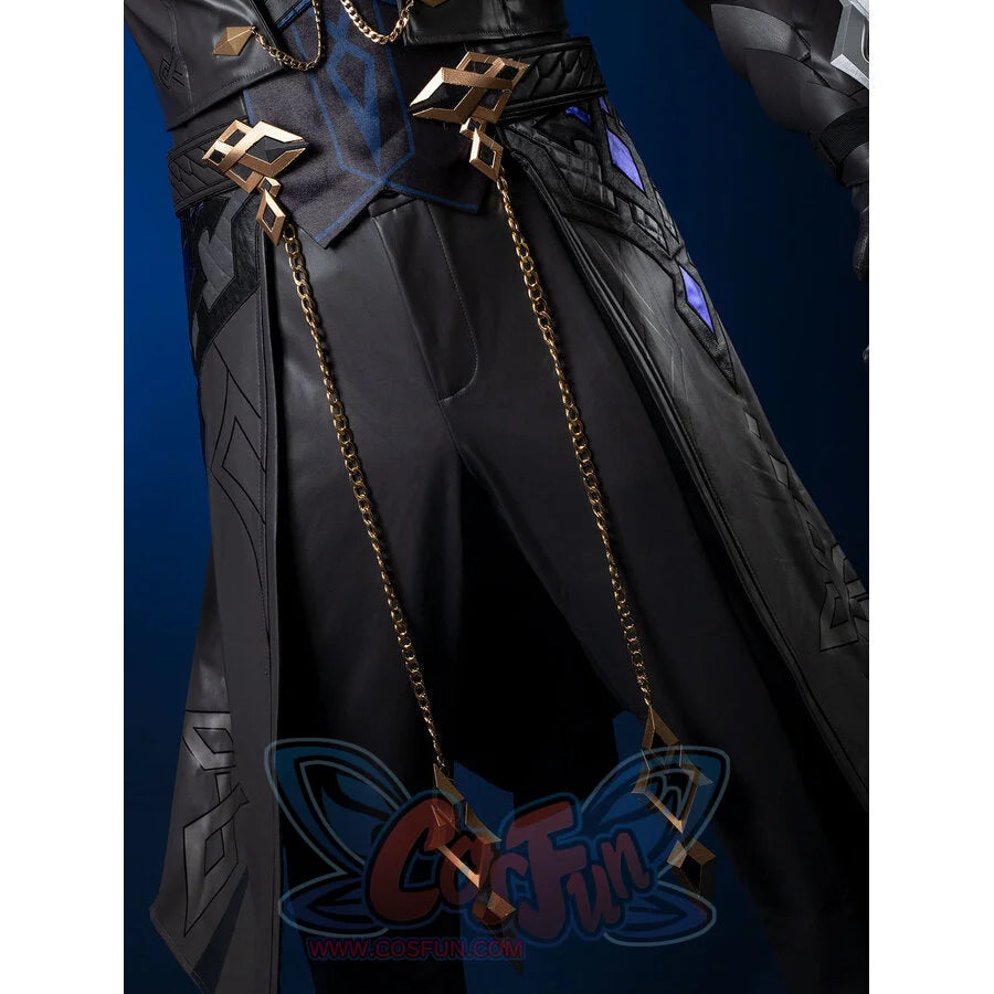 Genshin Impact Il Capitano cosplay outfit front balances open dark grey waistcoat and trousers beneath draped gold chains.