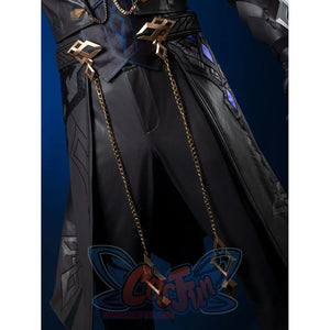 Genshin Impact Il Capitano cosplay outfit front balances open dark grey waistcoat and trousers beneath draped gold chains.