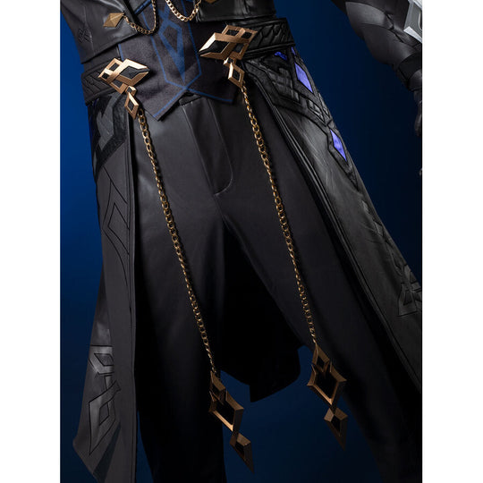 Genshin Impact Il Capitano cosplay outfit front balances open dark grey waistcoat and trousers beneath draped gold chains.