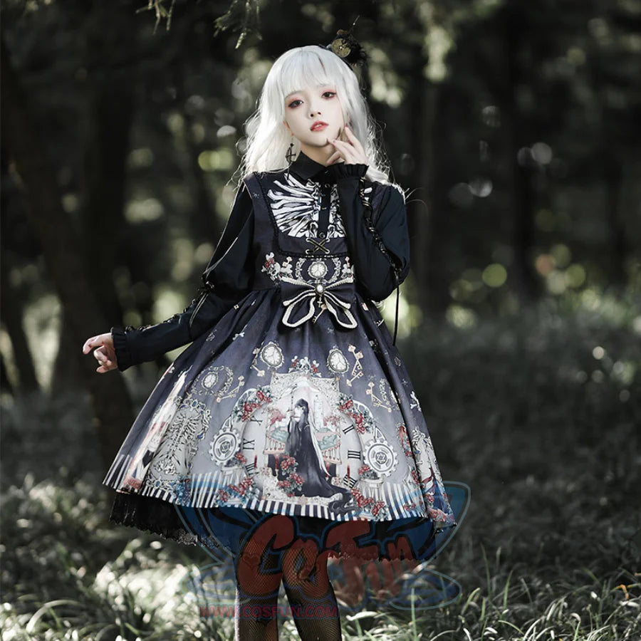 Vintage Gothic Lolita Jumper Skirt and Long-sleeved Shirt Jumper Skirt + Bowknot / Black / S
