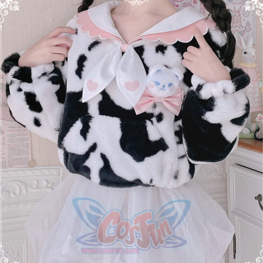 Autumn Winter Lovely Cow Lolita Woolen Hoodie - cosfun