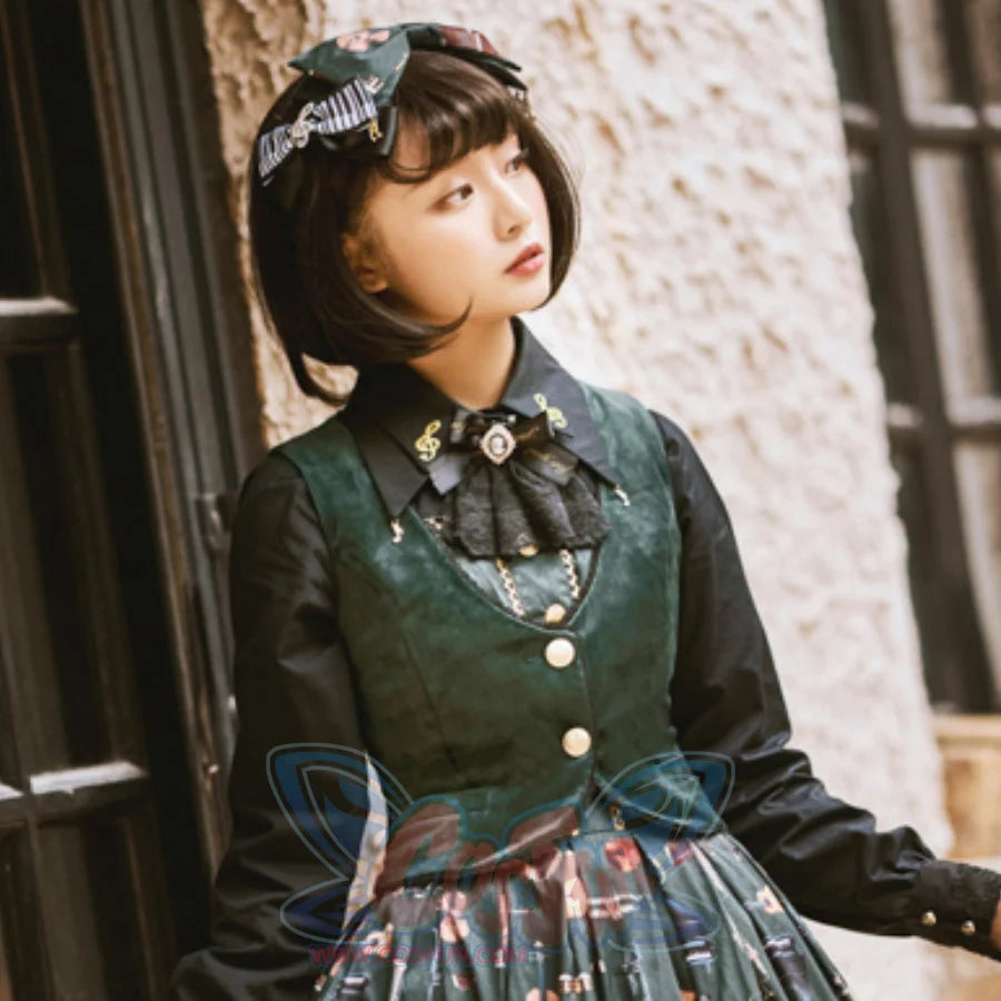 College Style Elegant Winter Velvet Lolita Vest Dark Green / S