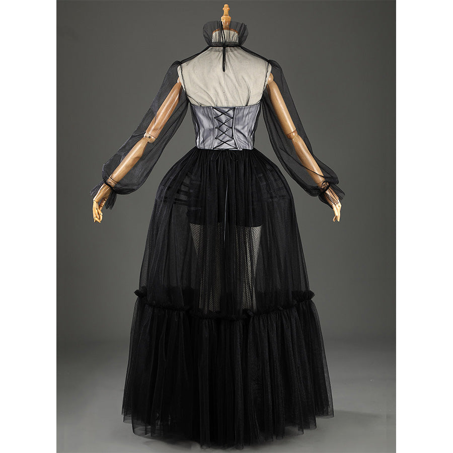 Addams black evening dress corset back lacing with mesh sleeves