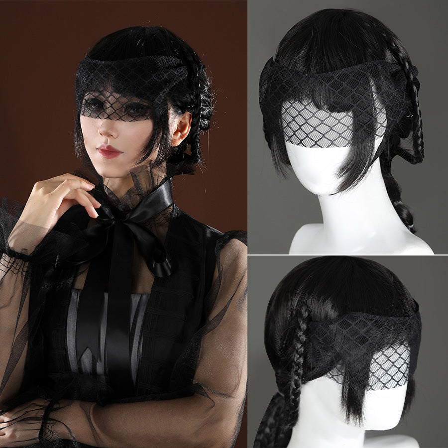 Addams black evening dress styled wig with birdcage veil and braided detail