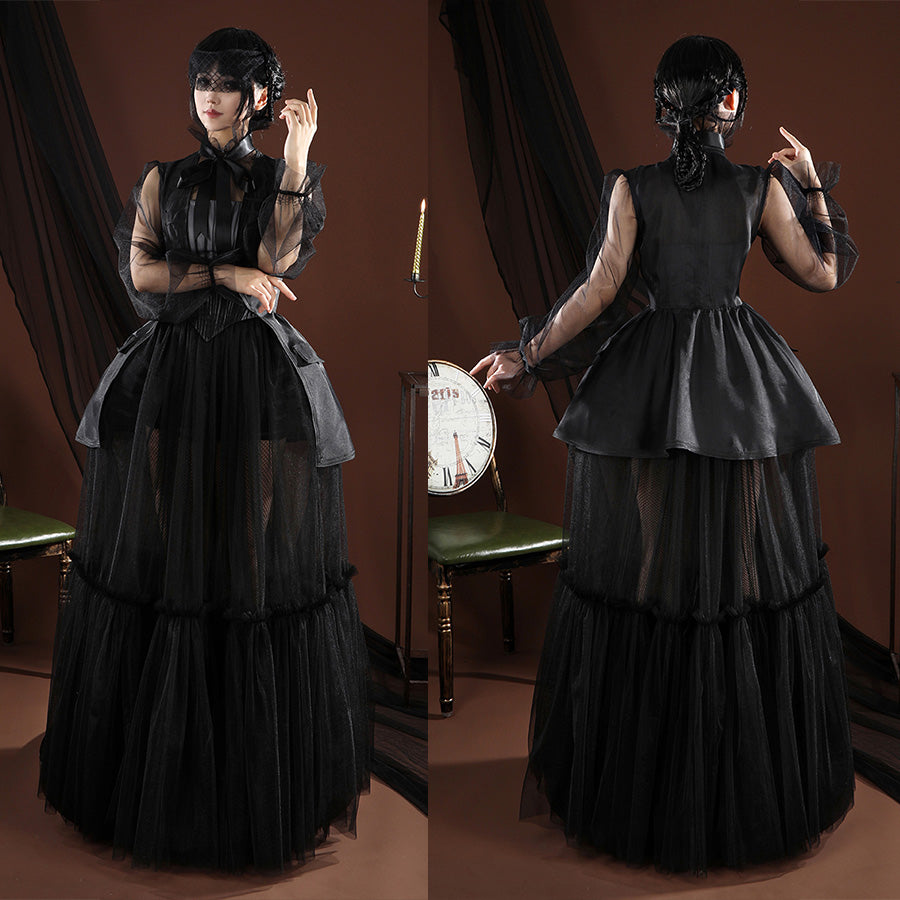 Addams black evening dress front and back view with mesh sleeves and Victorian styling