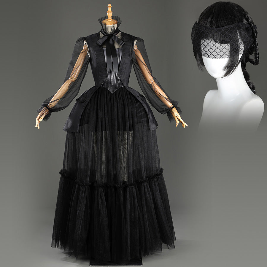 Addams black evening dress cosplay costume with mesh sleeves and tiered skirt