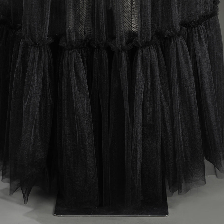 Addams black evening dress showing layered mesh tulle details