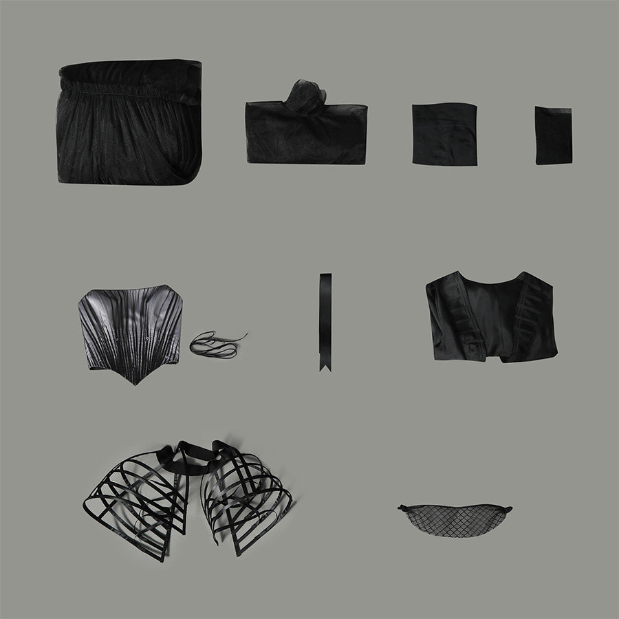Addams black evening dress costume pieces layout showing all included items