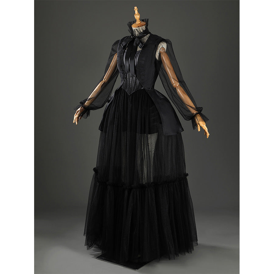Addams black evening dress full-length view on mannequin with mesh sleeves