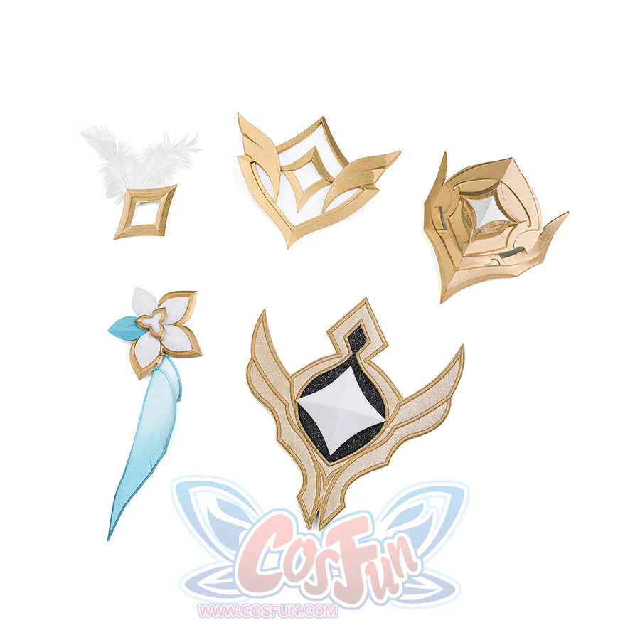 All accessories included with the Aether cosplay costume: gold crown, hair clip, chest emblem, feather pin, and flower brooch