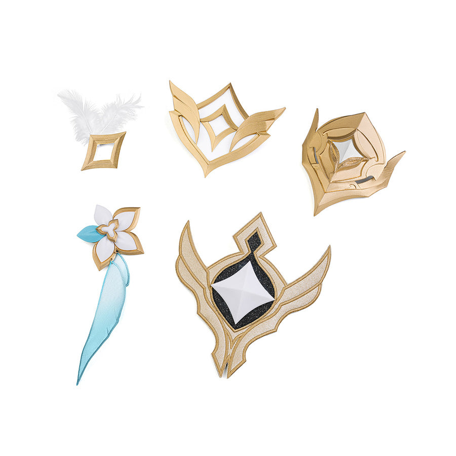 All accessories included with the Aether cosplay costume: gold crown, hair clip, chest emblem, feather pin, and flower brooch