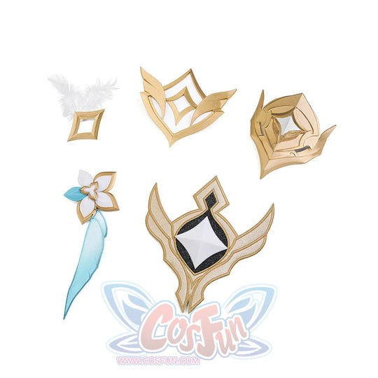All accessories included with the Aether cosplay costume: gold crown, hair clip, chest emblem, feather pin, and flower brooch