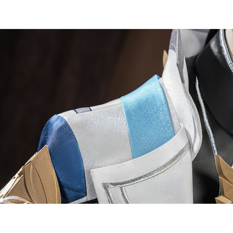Detail of the back shoulder area on Aether cosplay costume showing white fabric, blue shoulder panel, and gold armor