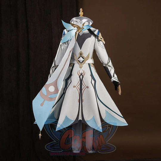 Back view of Genshin Impact Aether cosplay costume showing white coat with light blue cape and grey pants