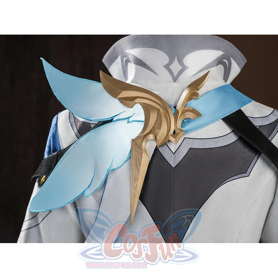Upper chest view of Aether cosplay costume with light blue wing-shaped cape, gold center ornament, and black vest