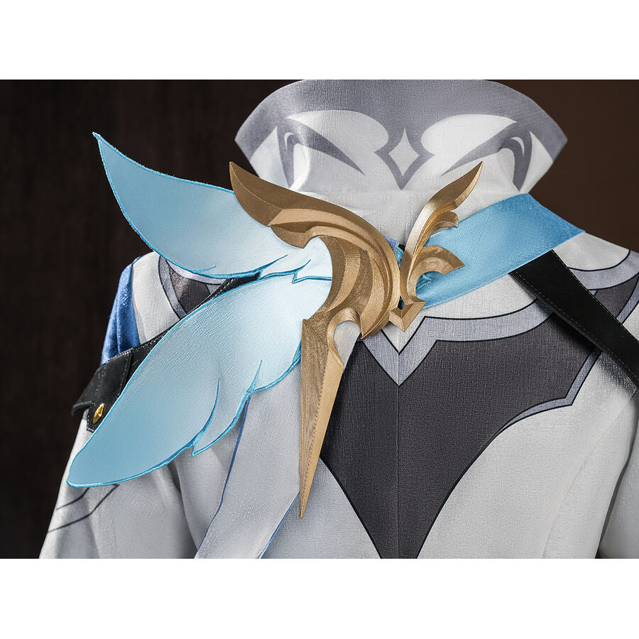 Upper chest view of Aether cosplay costume with light blue wing-shaped cape, gold center ornament, and black vest