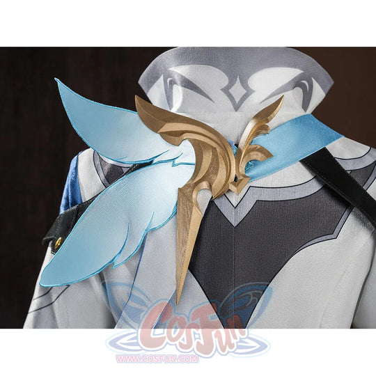 Upper chest view of Aether cosplay costume with light blue wing-shaped cape, gold center ornament, and black vest