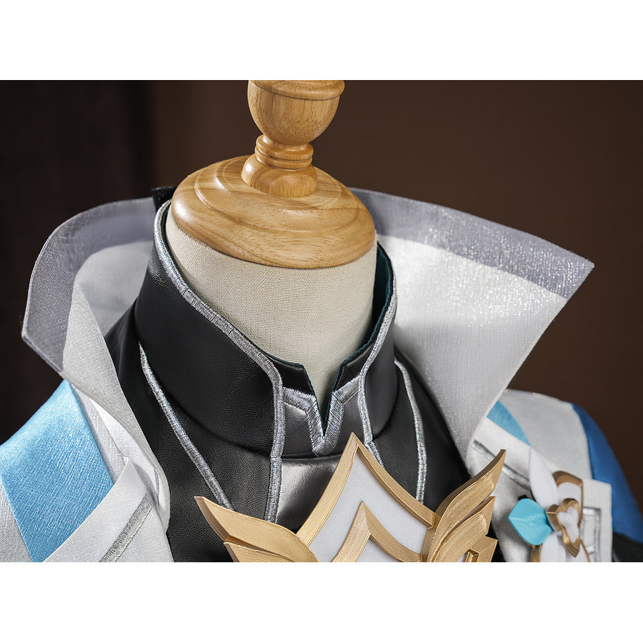 Detail shot of Aether cosplay costume collar and neckline with white lapels, black inner collar, and gold chest piece