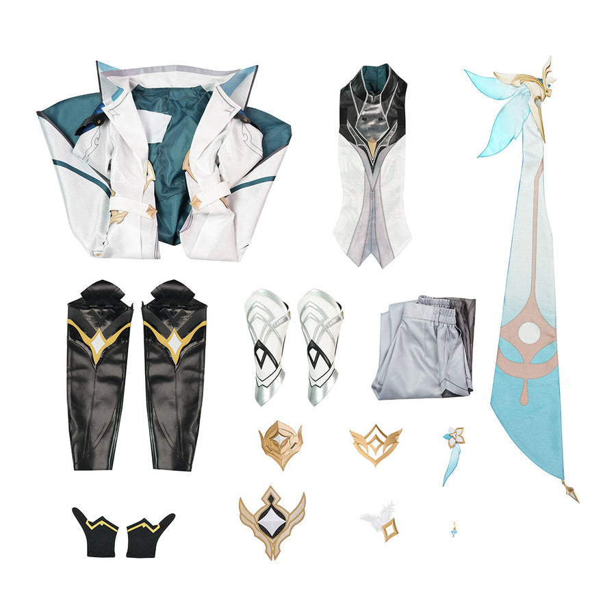 Flat lay of complete Aether cosplay costume set