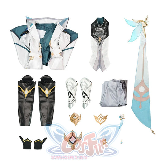 Flat lay of complete Aether cosplay costume set