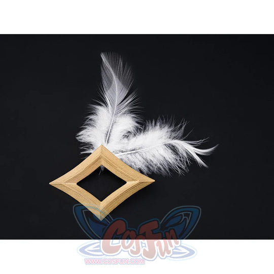 Gold diamond hair clip and white feather hair pin accessories included with the Aether cosplay costume set