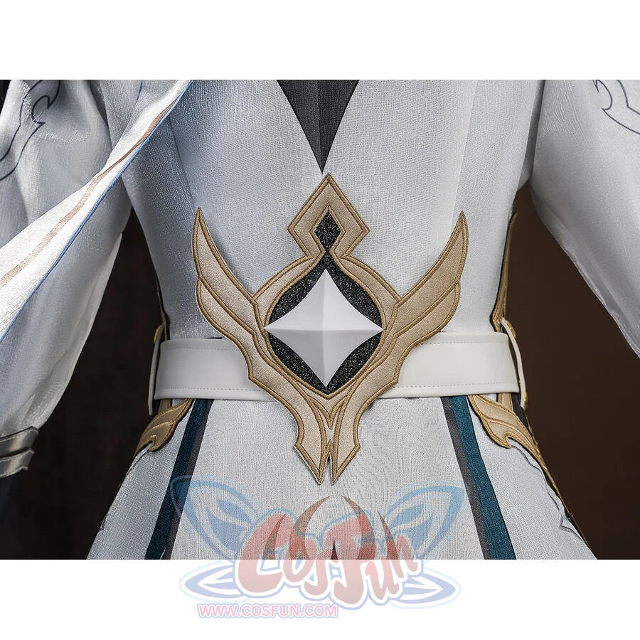 Front torso of Aether cosplay costume featuring a large gold wing emblem on white coat with teal trim and white belt