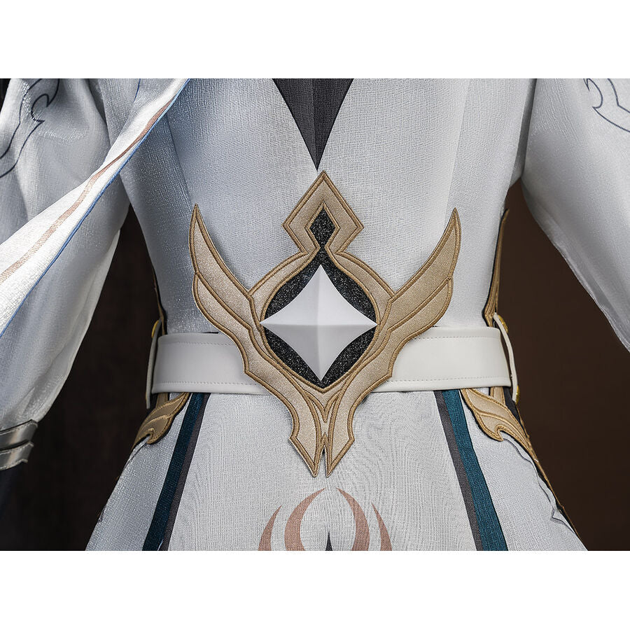 Front torso of Aether cosplay costume featuring a large gold wing emblem on white coat with teal trim and white belt