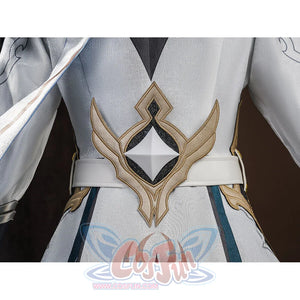 Front torso of Aether cosplay costume featuring a large gold wing emblem on white coat with teal trim and white belt