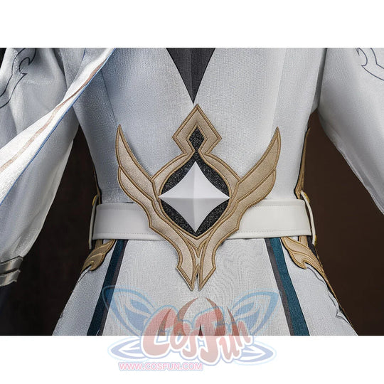 Front torso of Aether cosplay costume featuring a large gold wing emblem on white coat with teal trim and white belt