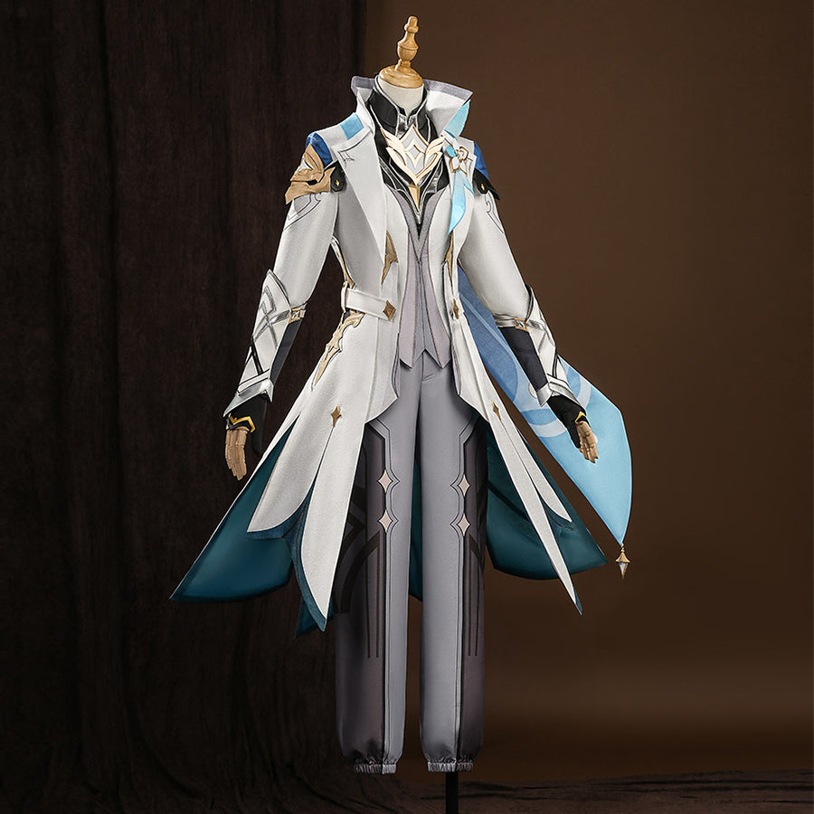 Front view of Genshin Impact Aether cosplay costume with white jacket, teal lower coat, and blue side cape