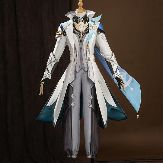 Genshin Impact Aether cosplay costume on mannequin, full set with white coat, teal details, and grey pants