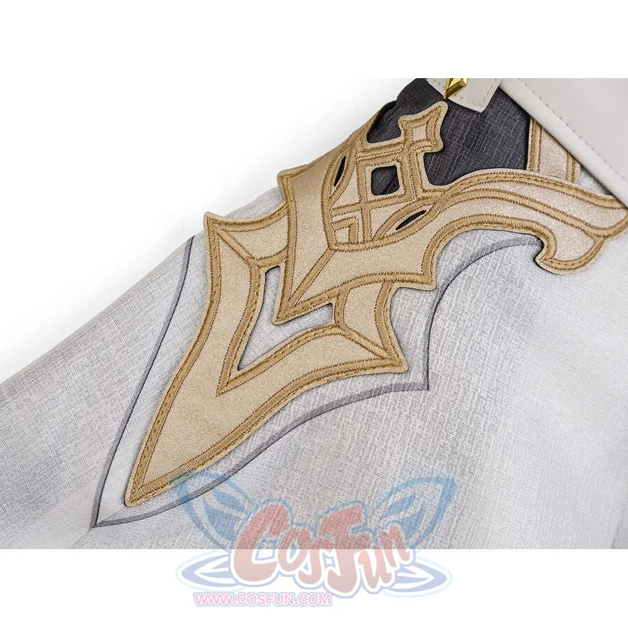 Close-up of the gold embroidered back crest on Aether cosplay costume, featuring intricate geometric appliqué on white fabric