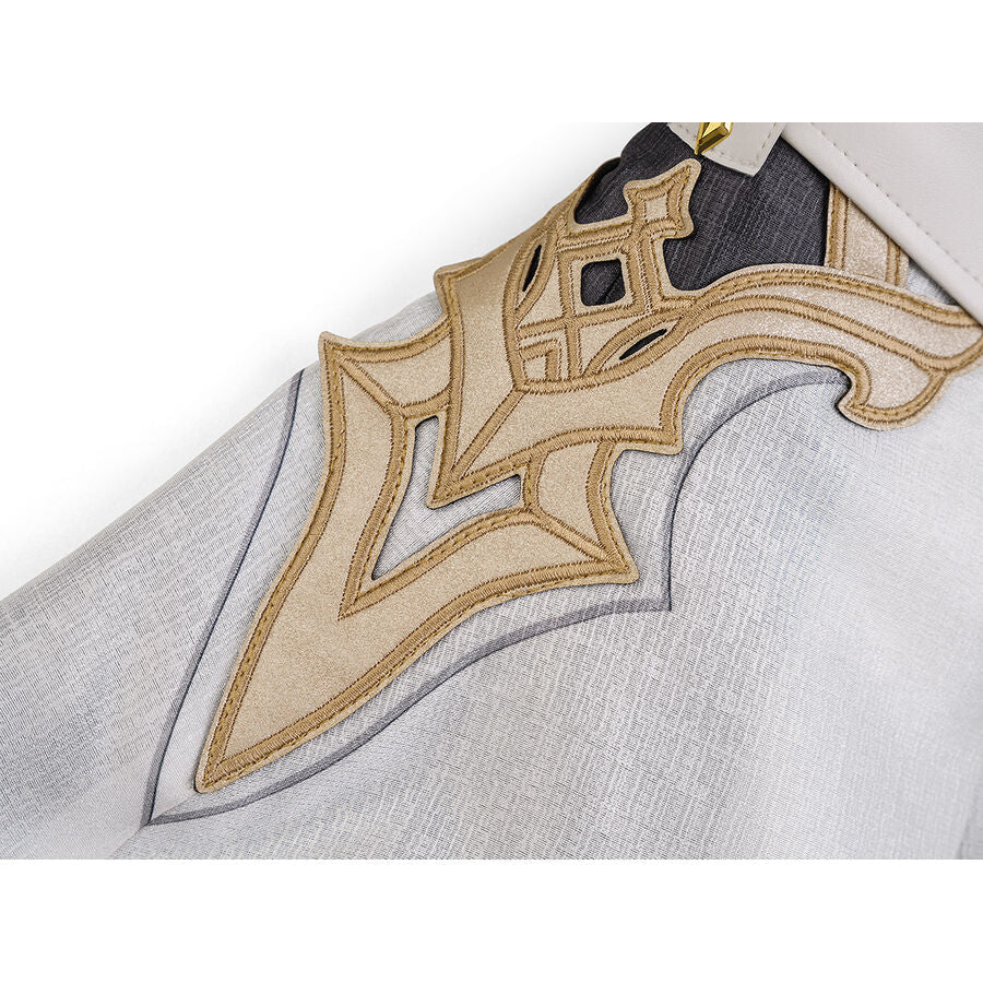 Close-up of the gold embroidered back crest on Aether cosplay costume, featuring intricate geometric appliqué on white fabric