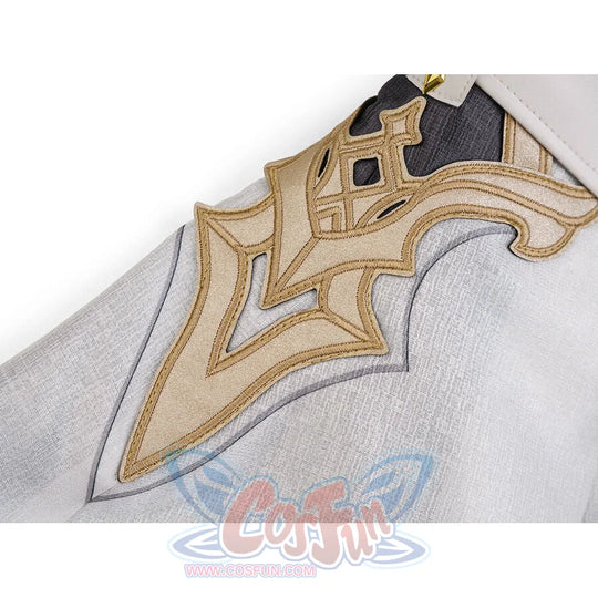 Close-up of the gold embroidered back crest on Aether cosplay costume, featuring intricate geometric appliqué on white fabric