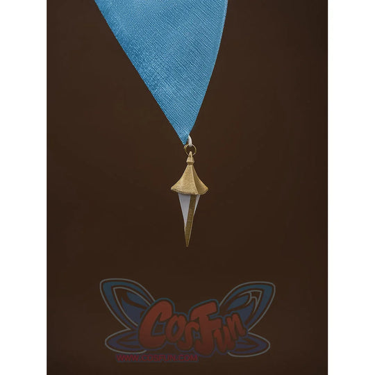 Gold tassel pendant hanging from blue fabric ribbon, an accessory included with the Aether cosplay costume
