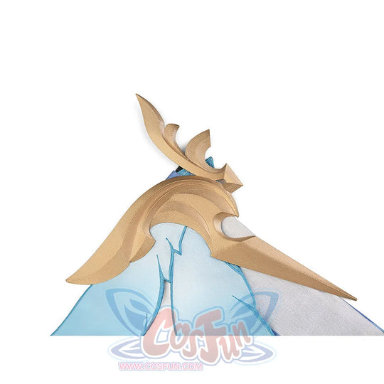 Gold wing-shaped shoulder ornament from Aether cosplay costume shown with light blue cape fabric on white background