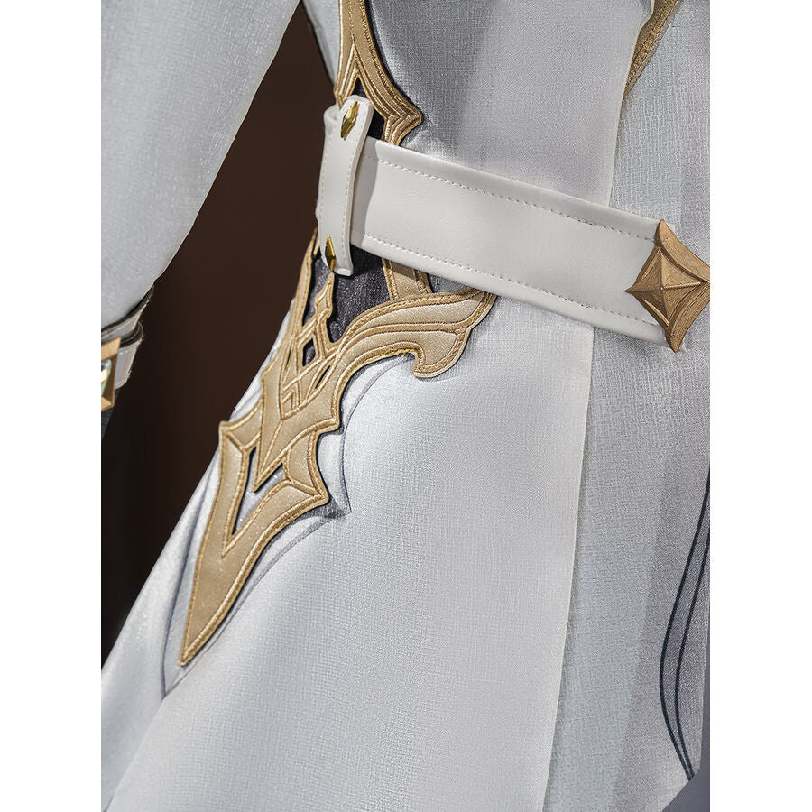 Close-up of the hip area on Aether cosplay costume with white belt, gold diamond buckle, and gold flame ornament